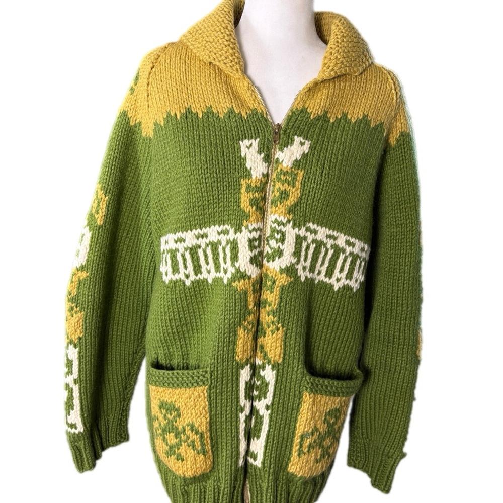Vintage Cowichan Sweater Womens Size XL Green Totem Alaska Warm Heavy Cardigan - Picture 3 of 12